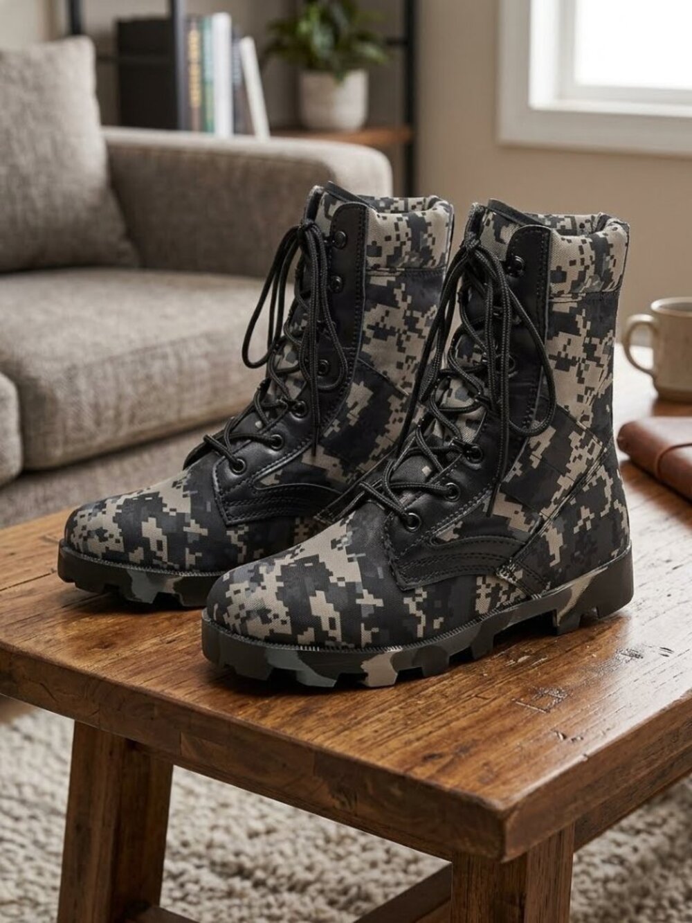 Military Tactical Black Boots for Work, Green Camo Lace-Up for Men